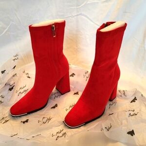NWOT Red Faux Suede Zipper Chunky Heel Boots with Metal Accent